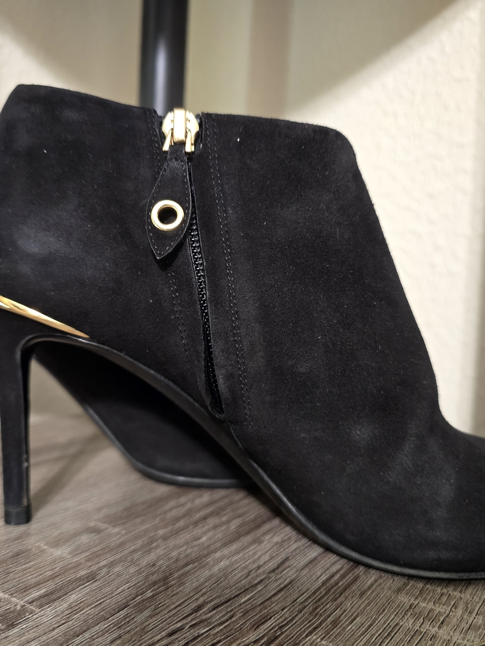 Black Suede Stiletto Heels with Gold Accent - Designer Style - Picture 2 of 7